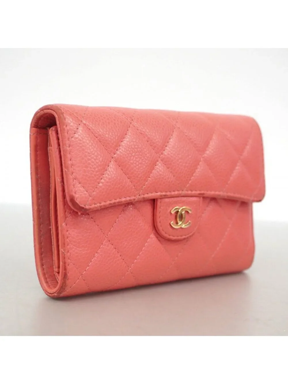 Chanel Trifold Wallet Quilted Caviar Leather Pink Gold